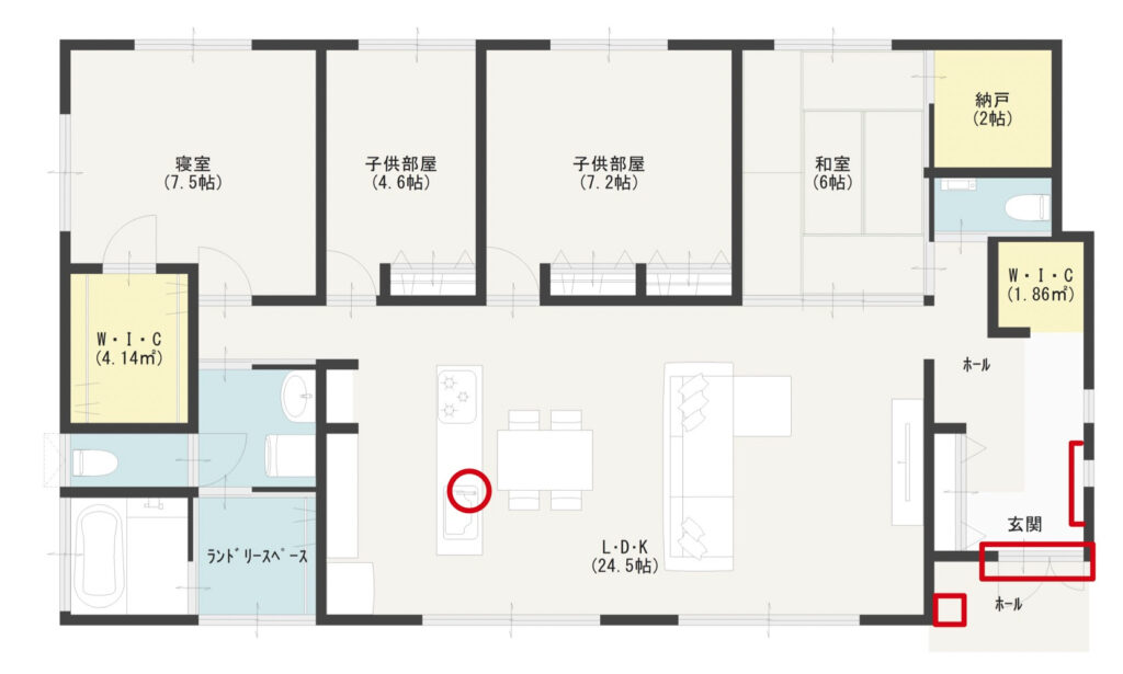 玄関ドアの交換と宅配ボックスの設置と玄関に手すりを設置して水栓を交換した場合の間取り